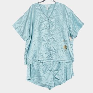 Vtg Premier Intimates 3X Satin PJ Set Short + S/S Button Baby Blue Embroider NWT